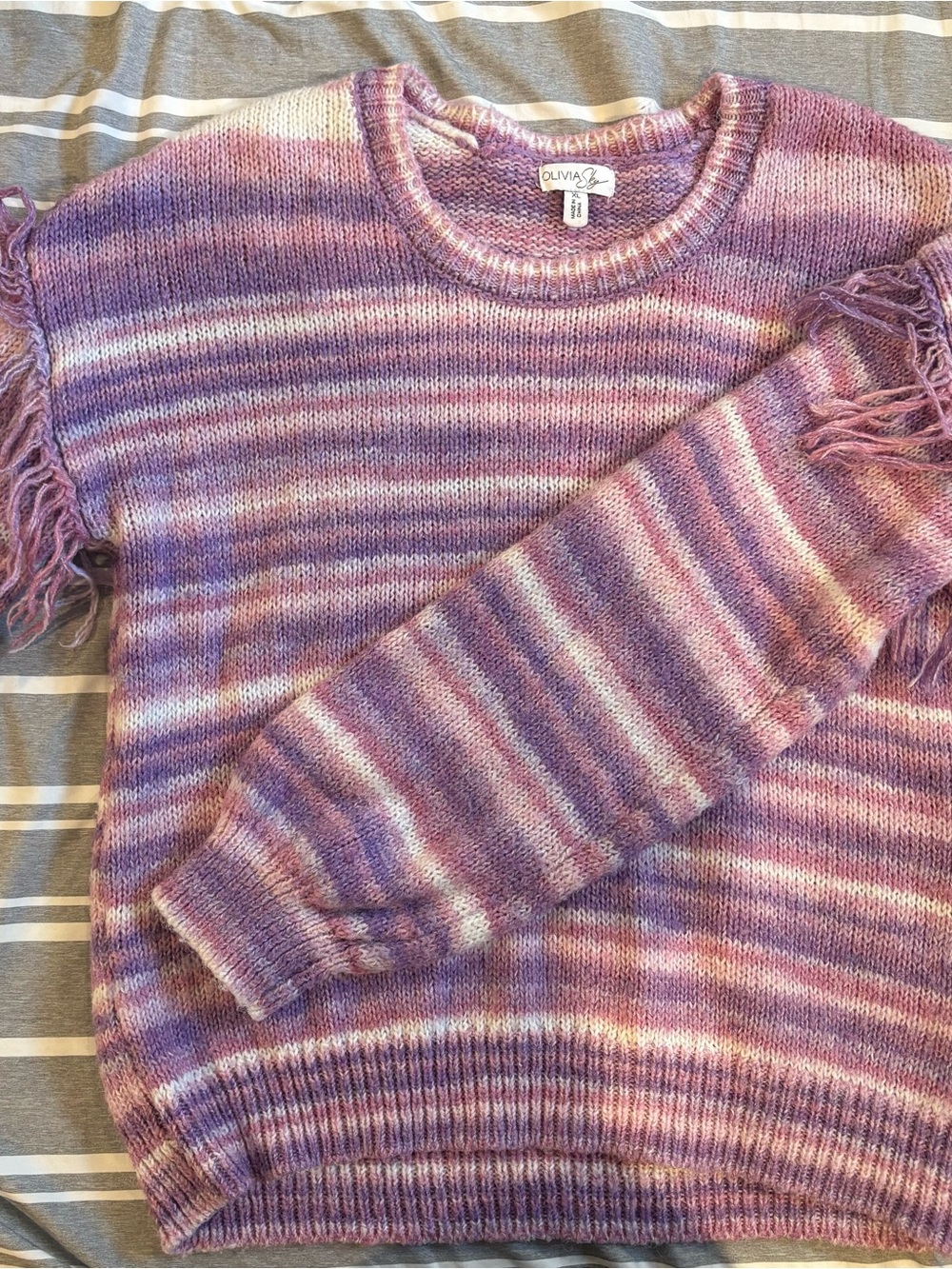 Pink & purple striped sweater with Fringe
